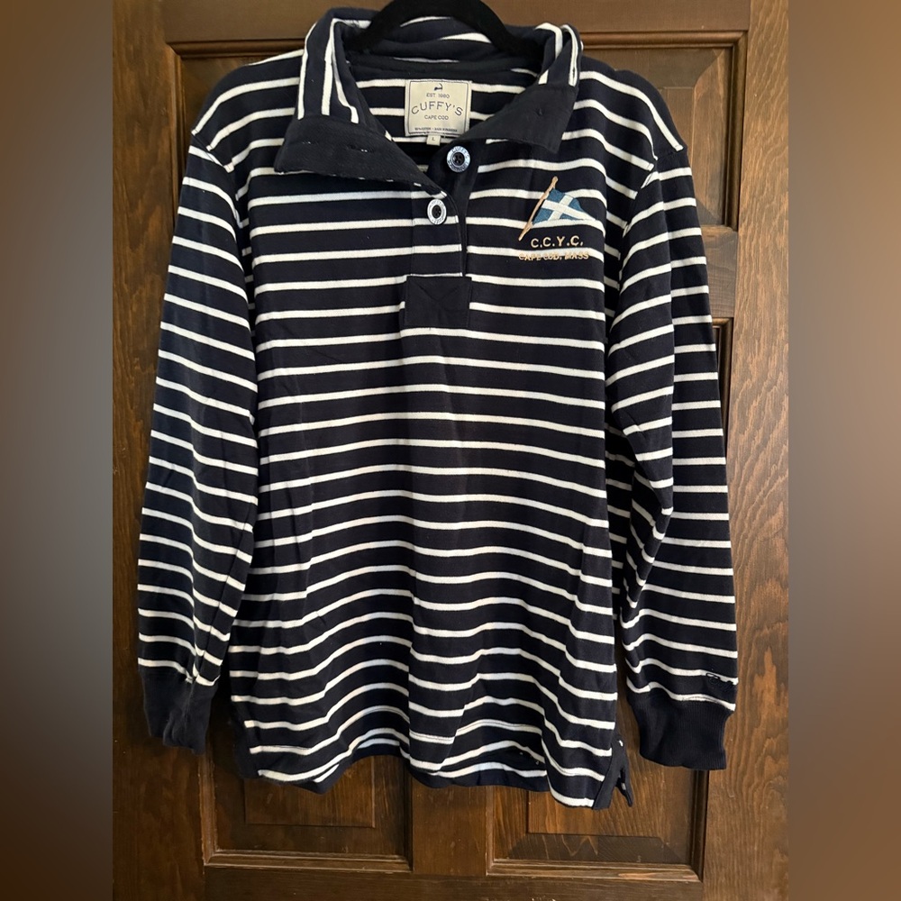 Cuffy’s Cape Cod Yacht Club Navy Striped Terrycloth Quarter Button Sweater L